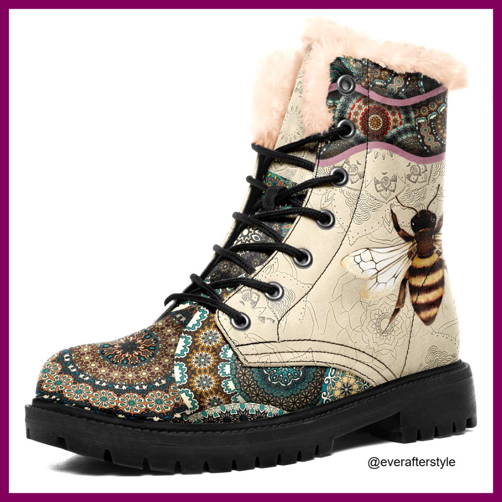 Santa Claus Print Lace Up Ankle Boots Faux Fur Lined Winter Snow Boots